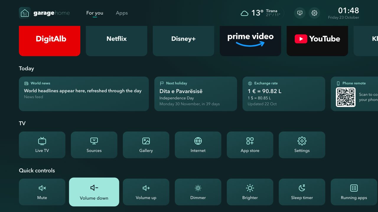 TV shortcuts and quick controls: volume, brightness, sleep timer, running apps