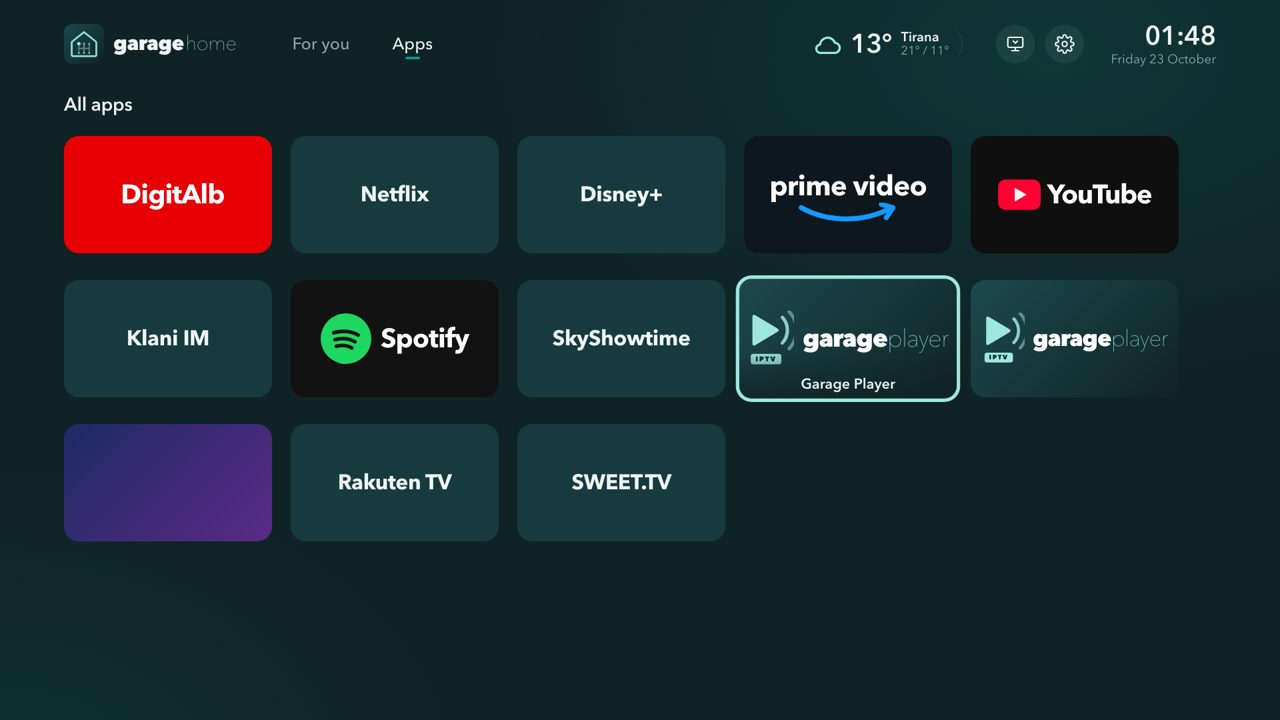 All apps in one grid, including Garage Player, rearranged from the remote