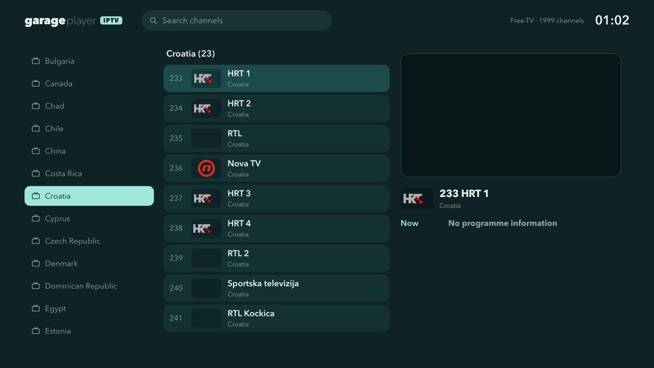 Channel list with folders, logos and a live preview